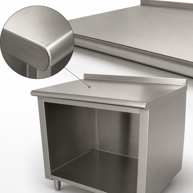 Product image #3 for Advance Tabco 60 Inch x 36 Inch Open Front Cabinet Base Work Table with 14 Gauge 304 Stainless Steel Top and 1-1/2 Inch Rear Up-Turn