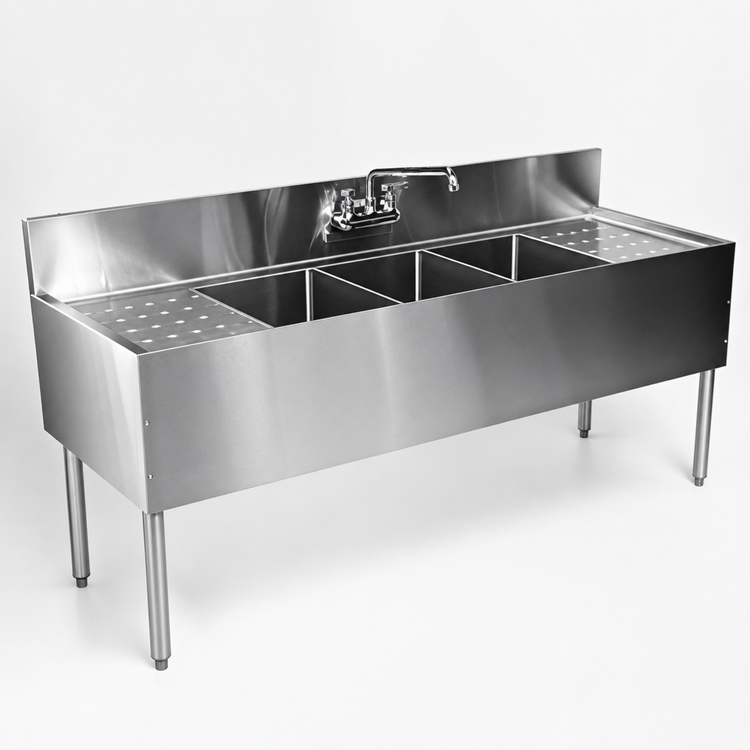 Product image #3 for CHOICE by Glastender Three-Compartment Underbar Sink Unit, 72-Inch Wide with Left and Right Drainboards