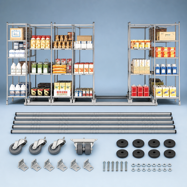 Product image #3 for Metro qwikTRAK Double Deep High-Density Track Shelving Mobile Unit Kit, 18-Inch, Stainless Steel, 74-Inch Posts