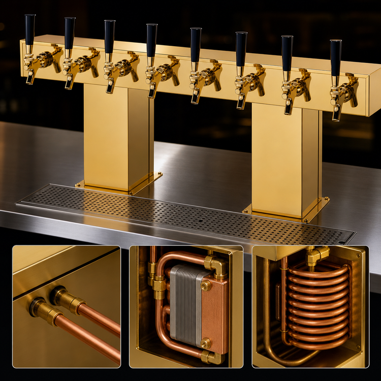 Product image #3 for Perlick 33-1/8-Inch Wide Bridge Tee Countertop Glycol-Cooled 8-Faucet Draft Beer Tower, Tarnish-Free Brass