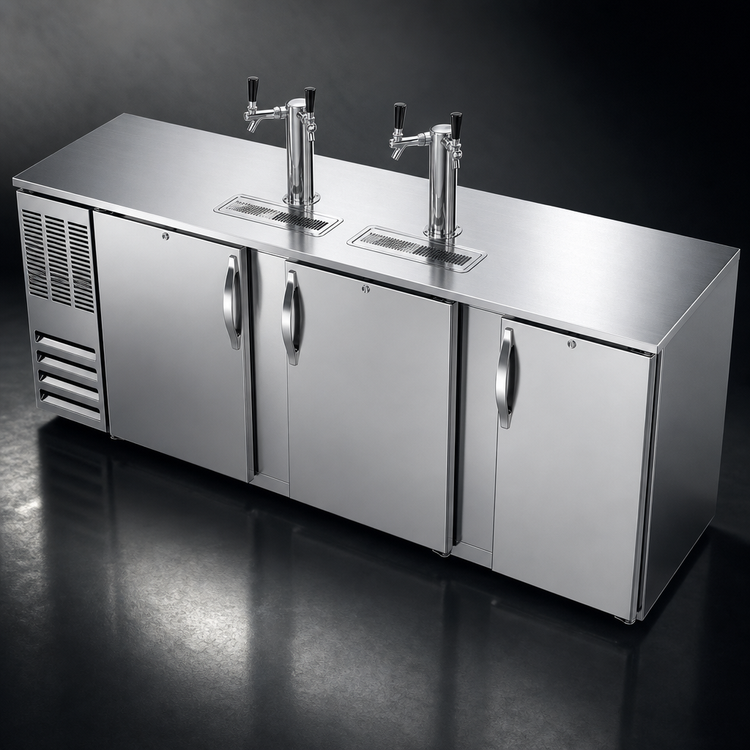 Product image #3 for Beverage-Air 94-Inch Shallow-Depth Direct Draw Beer Cooler with 3 Solid Doors, 2 Dual-Faucet Towers, and 5-Keg Capacity
