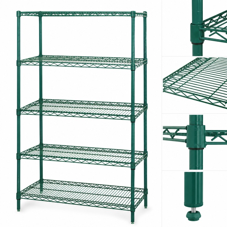 Product image #3 for Quantum 48"W x 14"D x 86"H Stationary Wire Shelving Starter Kit, 5 Shelves, Green Epoxy Antimicrobial Finish