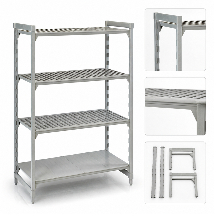 Product image #4 for Cambro Camshelving Premium 24-Inch Deep x 54-Inch Long x 72-Inch High 4-Tier Stationary Starter Shelving Unit, 3 Vented + 1 Solid, Speckled Gray