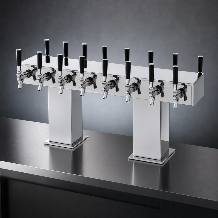 Product image #3 for Perlick Back-to-Back Bridge Tee Countertop Glycol-Cooled Draft Beer Tower, Extra High, 24 Faucets, Polished Chrome