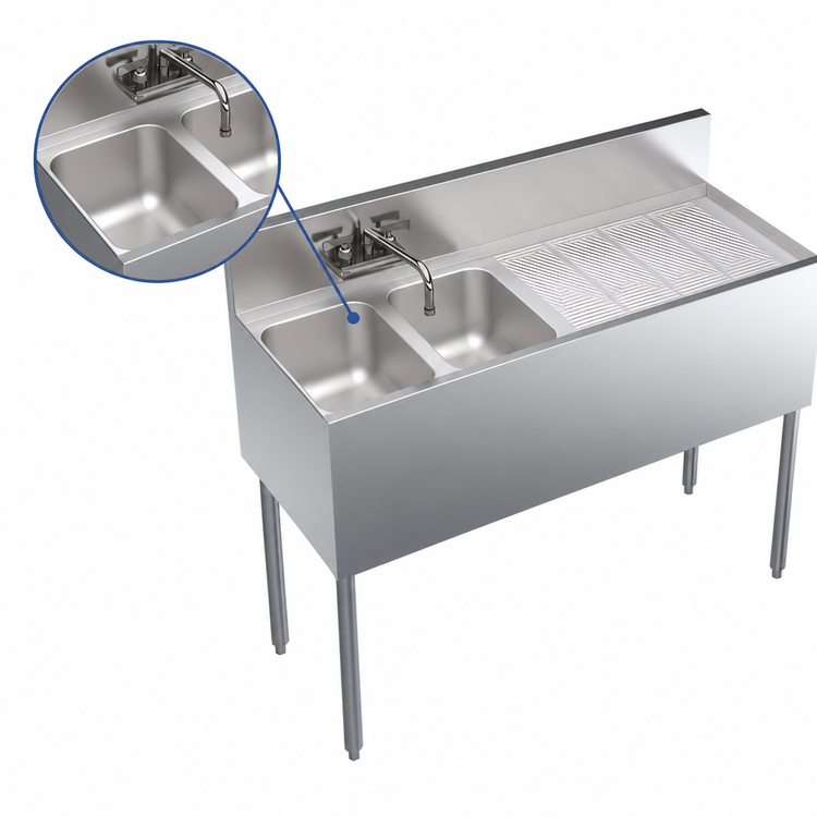 Product image #3 for Krowne Royal Series Two-Compartment Stainless Steel Underbar Sink Unit with Right Drainboard and Faucet, 48 x 19 Inches