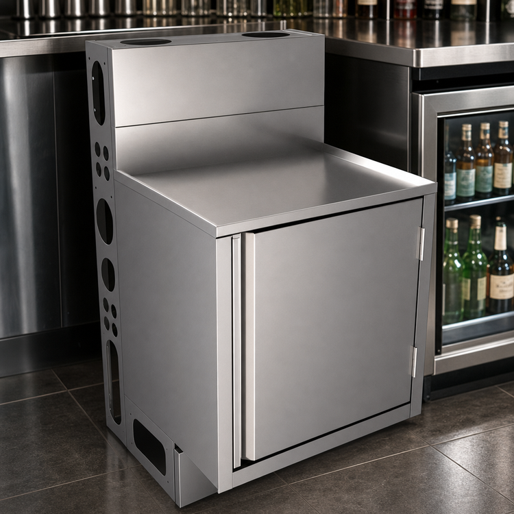 Product image #4 for BK Resources 24-Inch Wide x 21-Inch Deep Stainless Steel Top Shelf Underbar Cabinet with Raised Edge