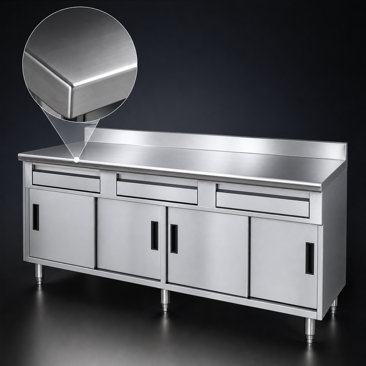 Product image #3 for Advance Tabco 84-Inch x 30-Inch Enclosed Work Table Storage Cabinet with 3 Drawers, 4 Sliding Doors, 304 Stainless Steel Top, and 5-Inch Backsplash