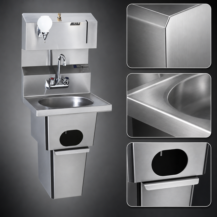 Product image #3 for Wall-Mounted Hand Sink with Built-In Waste Receptacle, Faucet, Soap & Towel Dispenser, 304 Stainless Steel