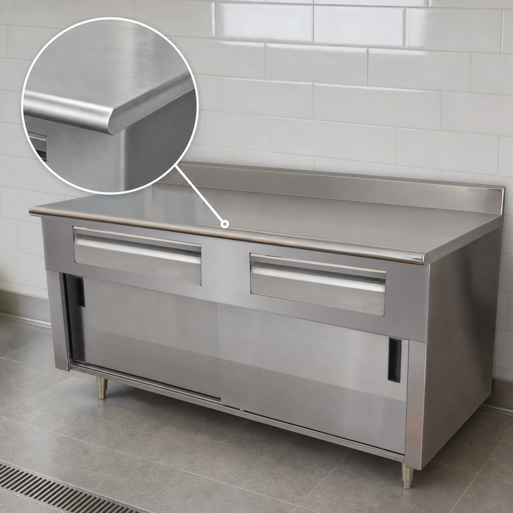 Product image #3 for Advance Tabco 72-Inch x 30-Inch 14-Gauge 304 Stainless Steel Enclosed Storage Cabinet Work Table with 5-Inch Backsplash, Drawers, and Sliding Doors
