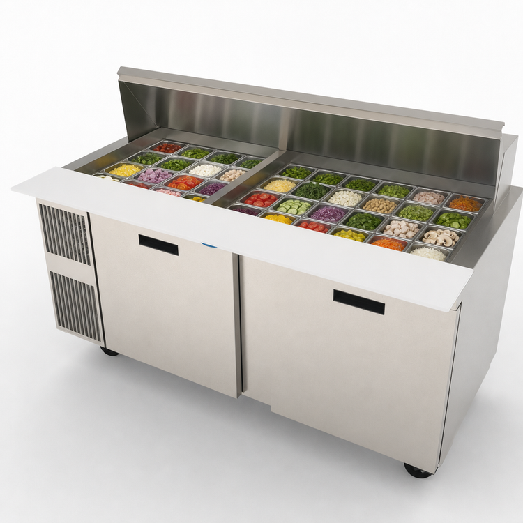 Product image #3 for Two-Section Refrigerated Salad Prep Table, 72 Inch, 30-Pan Mega Top, Side-Mounted Self-Contained Refrigeration