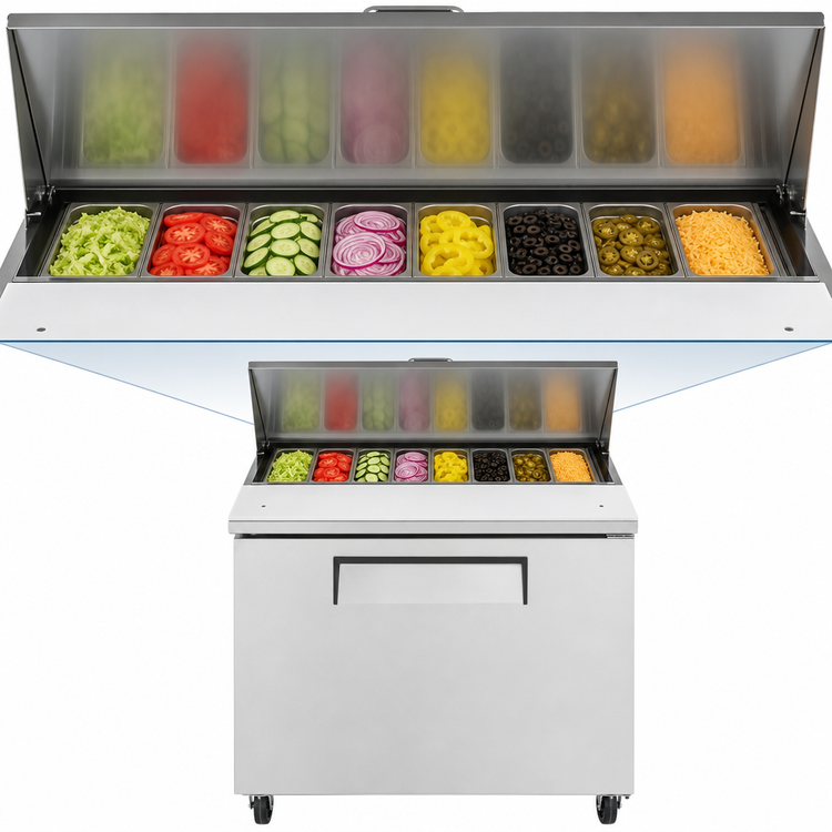 Product image #3 for True 27-Inch Wide One-Section Sandwich/Salad Prep Table with 8-Pan Top, 1 Door, and Rear-Mounted Self-Contained Refrigeration