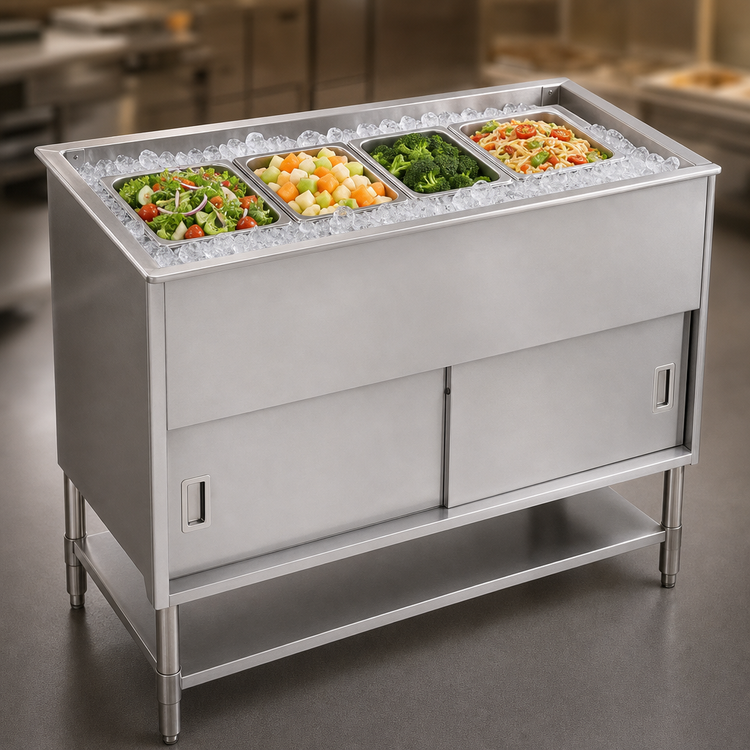 Product image #3 for Eagle Group Spec-Master 4-Pan Stationary Ice-Cooled Cold Food Table with Stainless Steel Top and Open Shelf Base