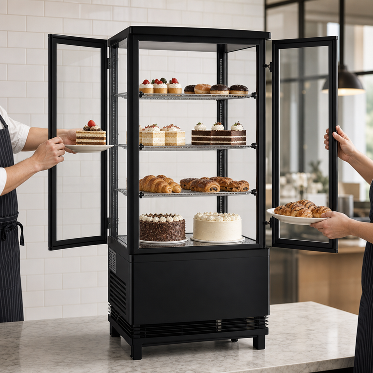 Product image #3 for BakeryXpress Countertop Pass-Thru Refrigerated Display Case with Double Glass Doors and 3 Shelves
