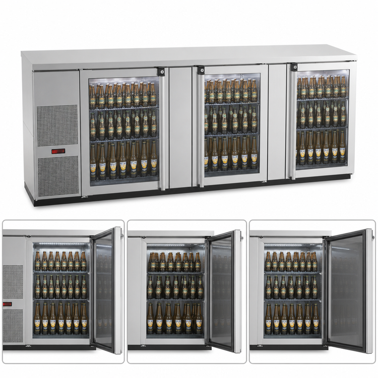 Product image #3 for Pro-Line E-Series Three-Section Stainless Steel Refrigerated Back Bar Cabinet with Glass Doors, 95-1/2 Inch