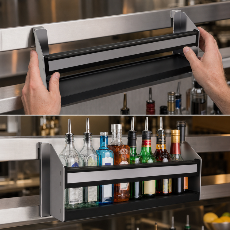 Product image #3 for Glastender Single Clip-On Speed Rail, 18-Inch Wide, Stainless Steel with Clear Lift-Off Liquor ID Cover