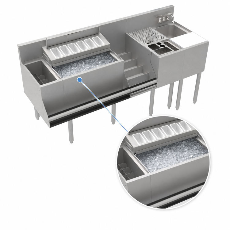 Product image #3 for Krowne Royal Series 68-Inch Underbar Workstation with Ice Bin, Elixir Well, Liquor Rail, Tool Caddy, Dump Sink, Cutting Board and Cabinet