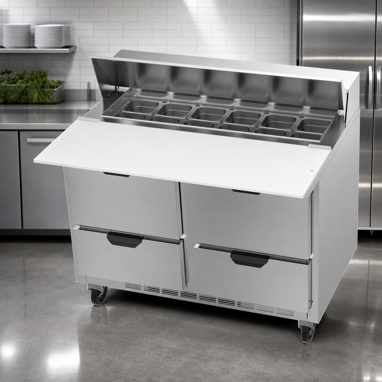 Product image #4 for Beverage-Air SPED48HC-12C-4 Two-Section 48-Inch Sandwich Prep Table with 4 Drawers and 17-Inch Cutting Board