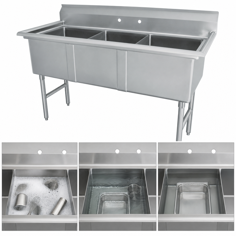 Product image #3 for Advance Tabco 50-Inch 3-Compartment Fabricated 304 Stainless Steel Sink, No Drainboards