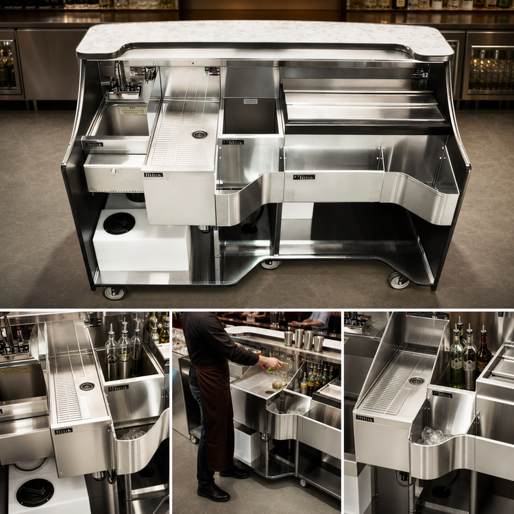 Product image #3 for Perlick Signature Series Freestanding Mobile Bar with Hand Sink, Ice Chest, Bottle Well, Drainboard, and Self-Contained Water System