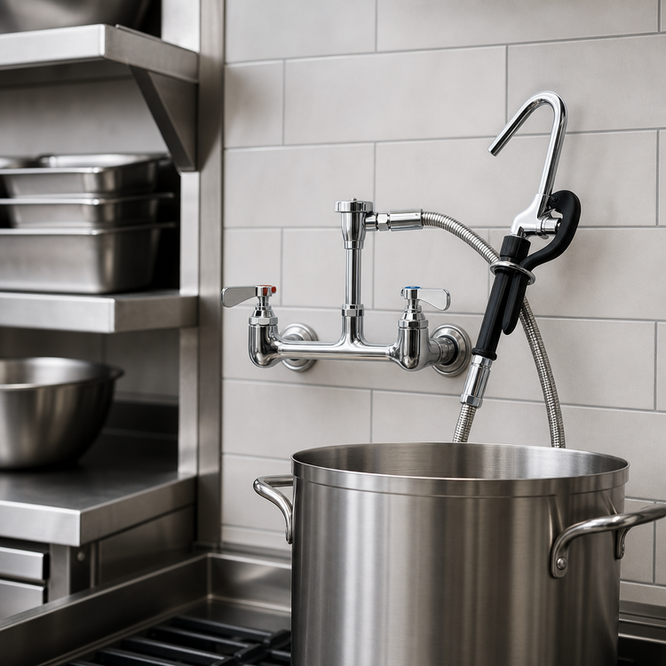 Product image #3 for BK Resources OptiFlow 8 Inch O.C. Wall Mount Pot Filler with 72 Inch Stainless Steel Braided Hose
