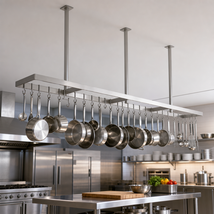 Product image #3 for John Boos Ceiling-Mounted Square Triple-Bar Stainless Steel Pot Rack with 36 Double Hooks, 139-1/4 Inch W x 18 Inch D x 48 Inch H