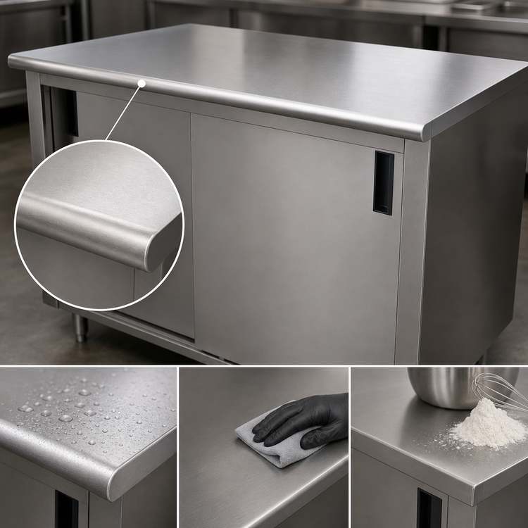 Product image #3 for Advance Tabco Enclosed Work Table with Sliding Doors, 120 Inch W x 24 Inch D, 14 Gauge 304 Stainless Steel Top