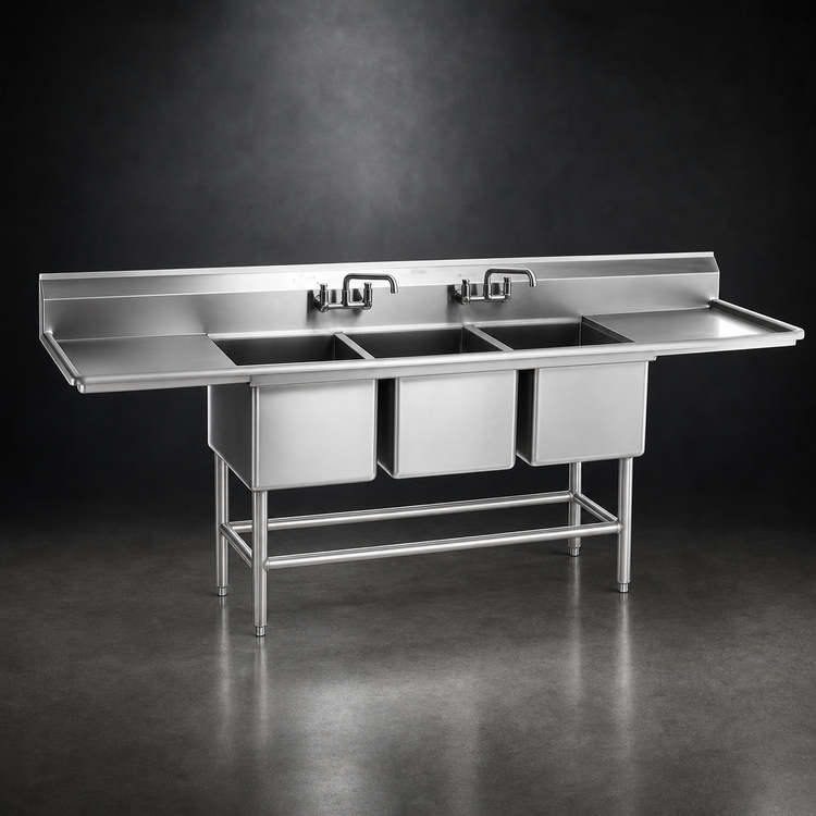 Product image #3 for Eagle Group Spec-Master FN Series 126"W Three-Compartment Stainless Steel Sink with Dual 30" Drainboards