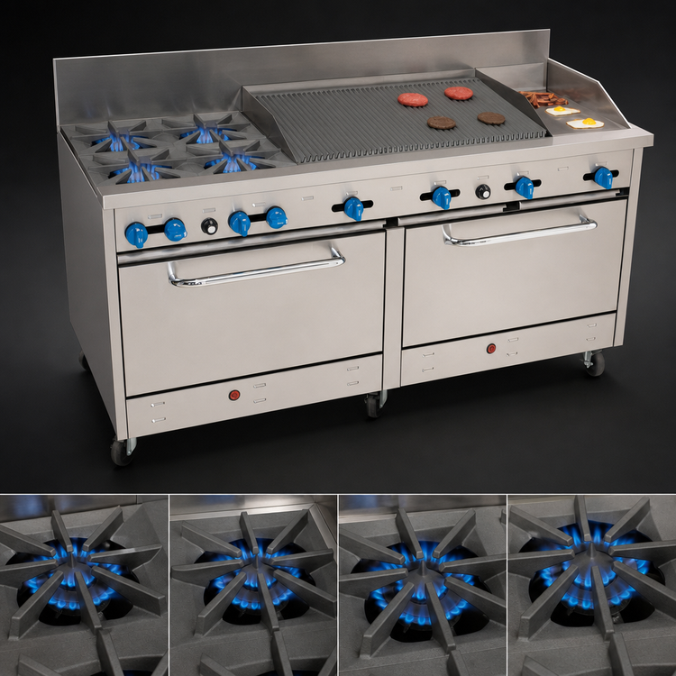 Product image #3 for Comstock-Castle 72-Inch Gas Range with 4 Open Burners, 18-Inch Griddle, 30-Inch Char-Broiler, and 2 Extra-Wide Ovens