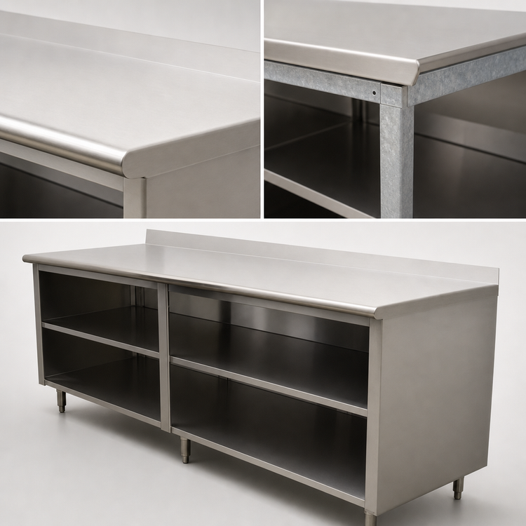 Product image #3 for Advance Tabco Special Value Economy Stainless Steel Open Front Cabinet Base Work Table with 5-Inch Backsplash and Mid-Shelf, 120 x 24 Inches