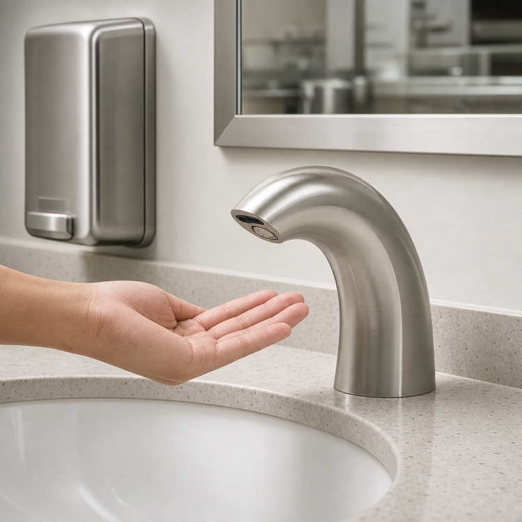 Product image #3 for T&S Brass WaveCrest Compact Cast Spout Touchless Lavatory Faucet, Single Hole Deck Mount, Brushed Nickel, 0.5 GPM