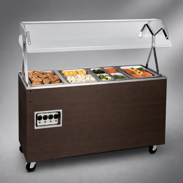 Product image #3 for Vollrath 2-Series Affordable Portable 3-Well Mobile Hot Food Station with Buffet Breath Guard, Open Storage Base, and Walnut Woodgrain Finish, 208-240V