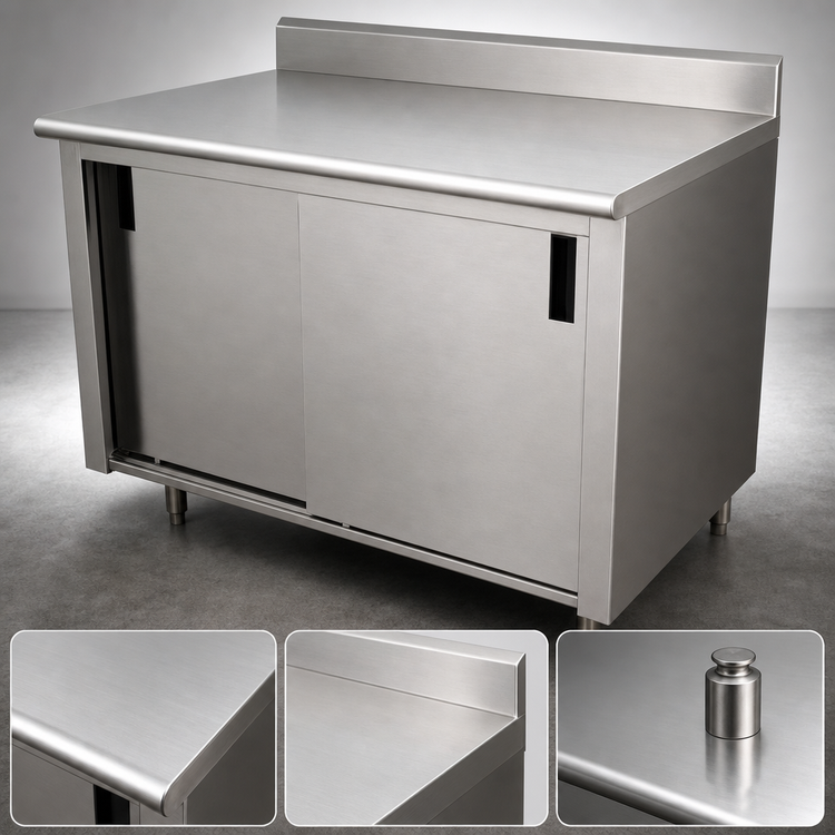 Product image #3 for Advance Tabco 120-Inch Enclosed Stainless Steel Work Table with Sliding Doors, 14-Gauge 304 Top, and 5-Inch Backsplash