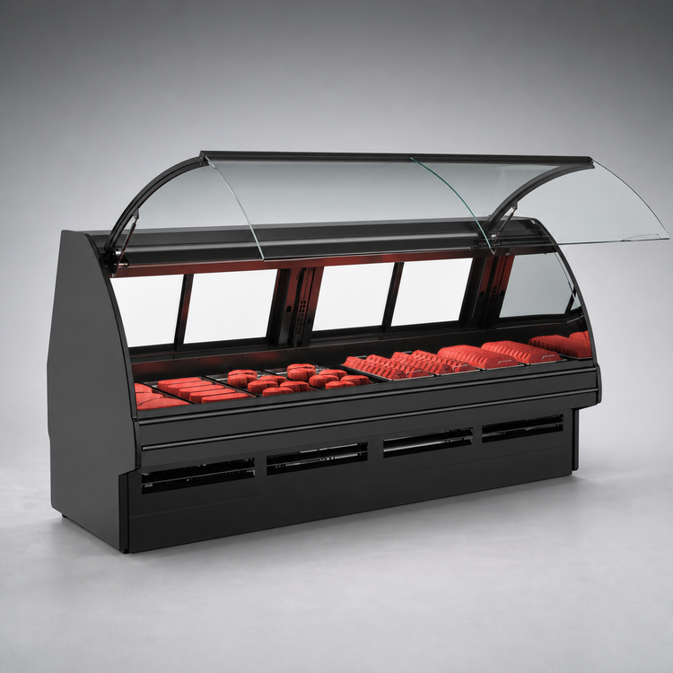 Product image #3 for Fusion® Refrigerated Full-Service Display Case with Curved Lift-Up Front Glass and Rear Sliding Doors