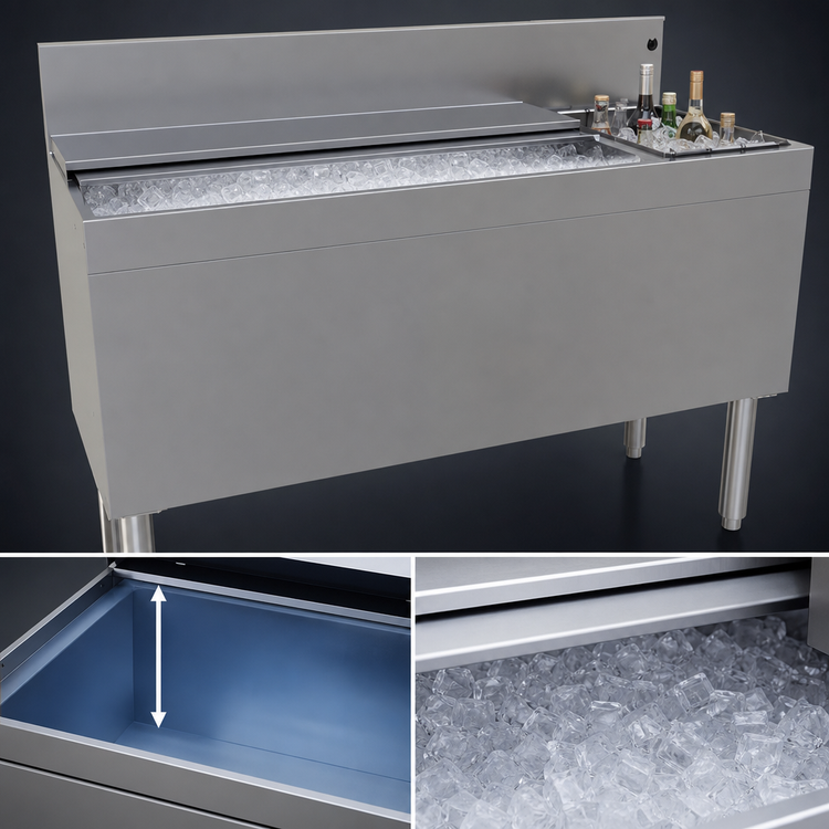 Product image #3 for Glastender Extra Deep Underbar Ice Bin/Cocktail Unit with Bottle Wells and 10-Circuit Cold Plate, 48 Inch W x 19 Inch D