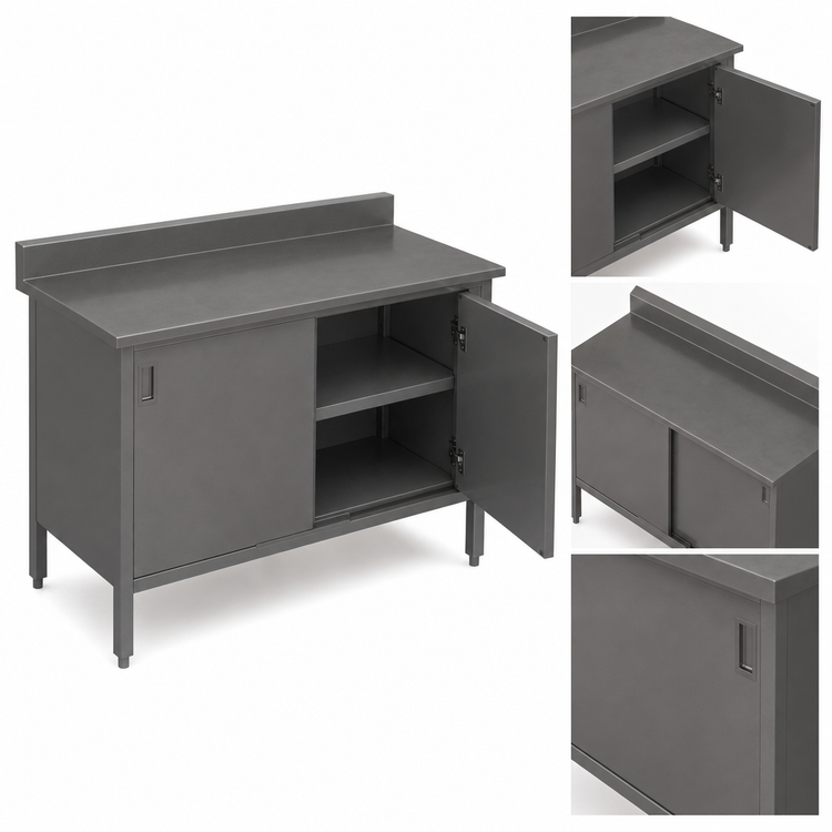 Product image #3 for John Boos 72" x 30" Enclosed Stainless Steel Work Table with Hinged Doors, 14-Gauge Top, 5" Backsplash, and Undershelf