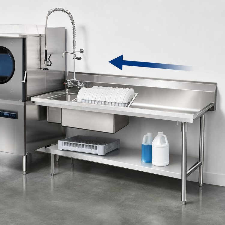 Product image #3 for Eagle Group Straight Right-to-Left Soiled Dishtable with 8-Inch Backsplash and Pre-Rinse Sink, 120 x 30 x 43-1/2 Inches