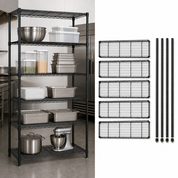 Product image #3 for Quantum 5-Shelf Stationary Wire Shelving Starter Kit, 60 in. W x 14 in. D x 86 in. H, Black Epoxy