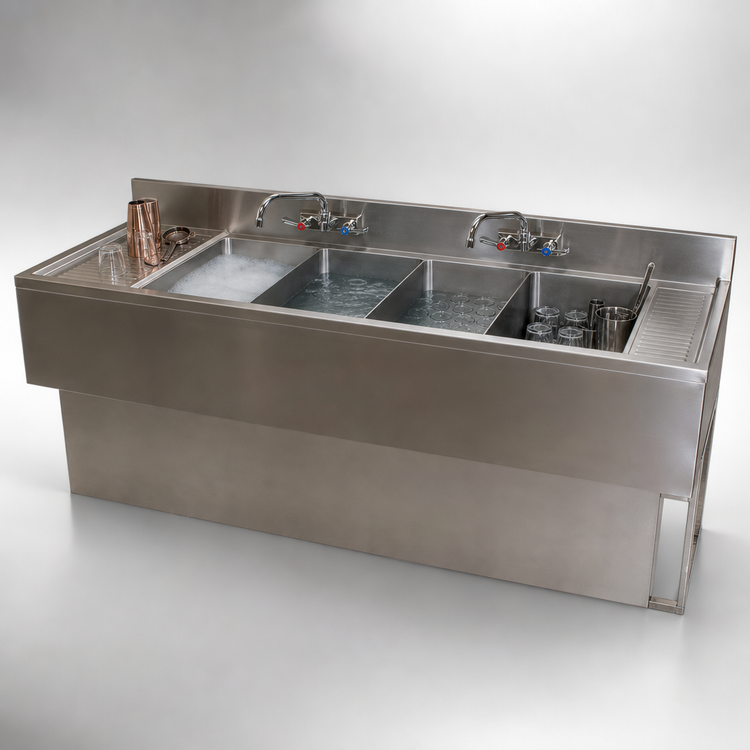 Product image #4 for BK Resources 96-Inch Wide Slim-Line 4-Compartment Underbar Sink with Dual Drainboards and Faucets