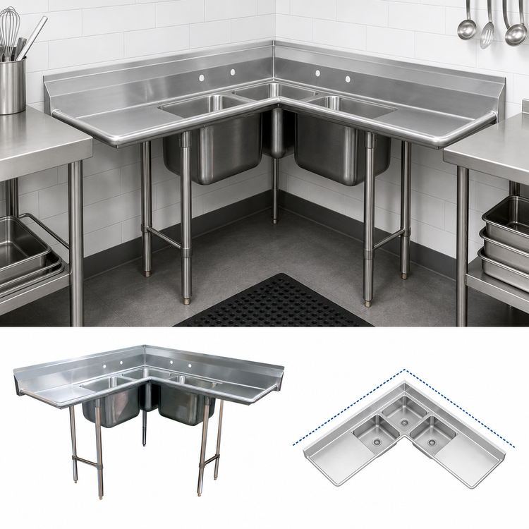 Product image #3 for Advance Tabco 3-Compartment Corner Sink with Dual Drainboards and 8-Inch Backsplash