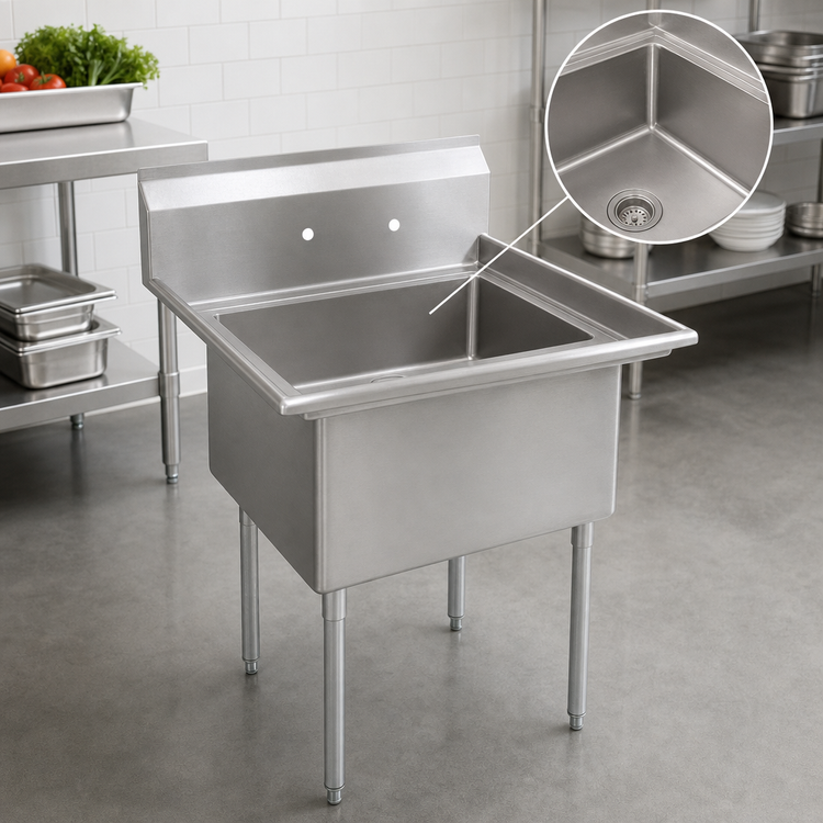 Product image #3 for BK Resources Economy One-Compartment Stainless Steel Sink with 24 x 24 x 14-Inch Bowl, 9-Inch Backsplash, and Drain Included