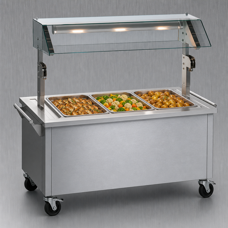 Product image #3 for Vollrath 2-Series Affordable Portable 3-Well Mobile Hot Food Station with Buffet Breath Guard and Lights, Brushed Aluminum, 120V