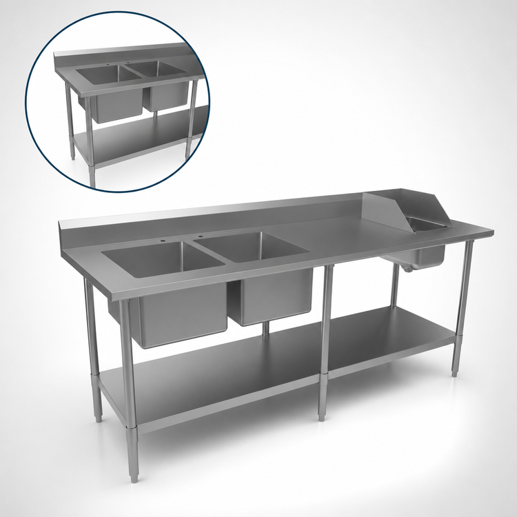 Product image #3 for BK Resources 84 Inch x 30 Inch 16-Gauge 304 Stainless Steel Sink Table with Two 16 x 20 Prep Bowls and Handsink, Left-Side Layout