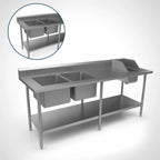 Thumbnail image #3 for BK Resources BKPT-2-3084S-L 84" x 30" 16-Gauge 304 Stainless Steel Sink Table, Two Prep Bowls and Handsink, Left-Side, Open Base