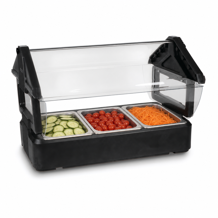 Product image #3 for SixStar Tabletop Cold Food Bar with Double-Sided Acrylic Sneeze Guard, Black, 3 Full-Size Pan Capacity