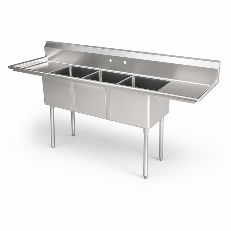 Product image #3 for Omcan USA Three-Compartment Pot Sink with Left & Right Drainboards, 304 Stainless Steel