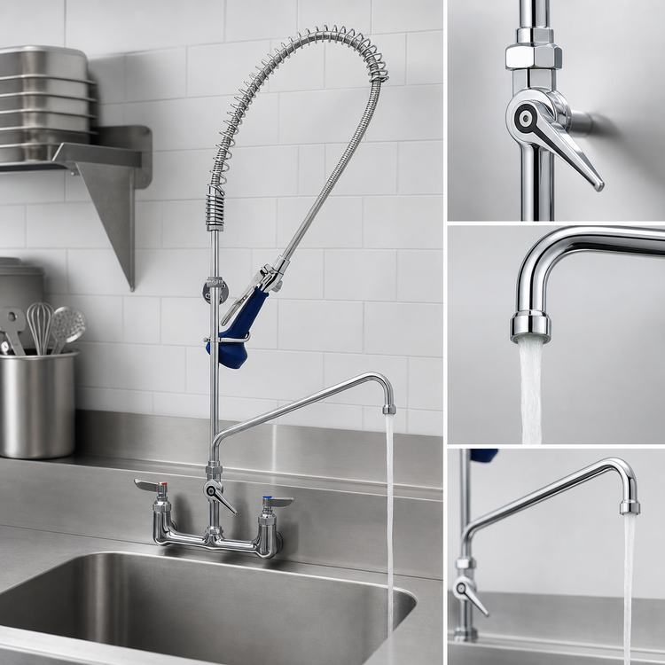 Product image #3 for T&S Brass EasyInstall 8" Wall-Mount Pre-Rinse Unit with 12" Add-On Faucet, 12" Swing Nozzle, and 1.07 GPM Spray Valve