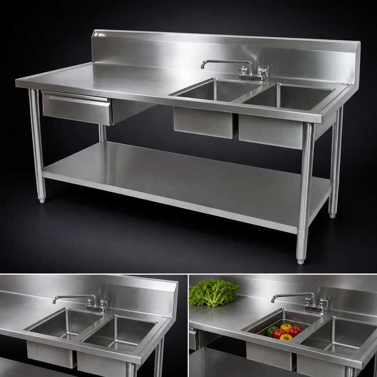 Product image #3 for John Boos 72-Inch 2-Compartment Stainless Steel Prep Table Sink Unit with Right-End Sinks