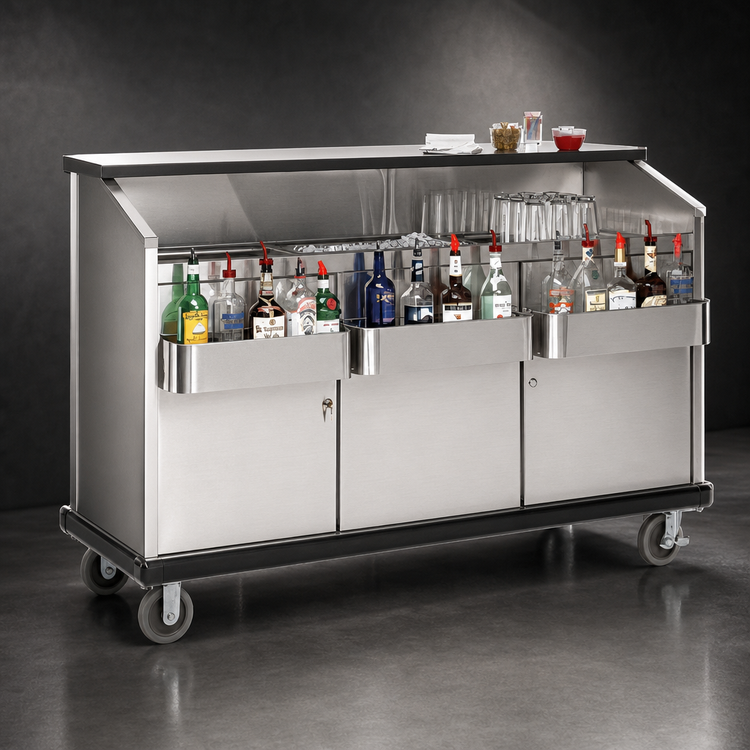 Product image #4 for Advance Tabco Freestanding Heavy Duty Portable Bar with Doors and Ice Bin, 74 3/8 Inch Wide, Black Mica Laminate