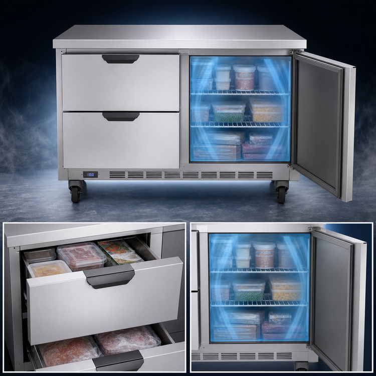 Product image #3 for Beverage-Air 48-Inch Two-Section Flat-Top Worktop Freezer with 2 Drawers and 1 Solid Door