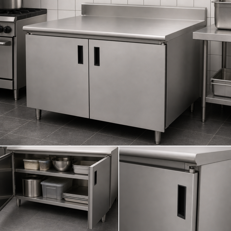 Product image #3 for 72-Inch x 30-Inch Enclosed Stainless Steel Work Table with Cabinet Base, Hinged Doors, and 5-Inch Backsplash